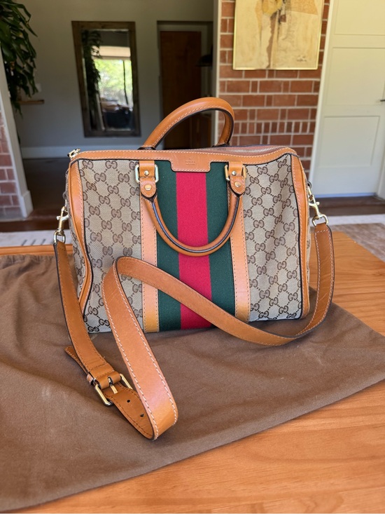Gucci Handbags - Vintage Gucci Tan GG Supreme Satchel with Red & Green Stripe